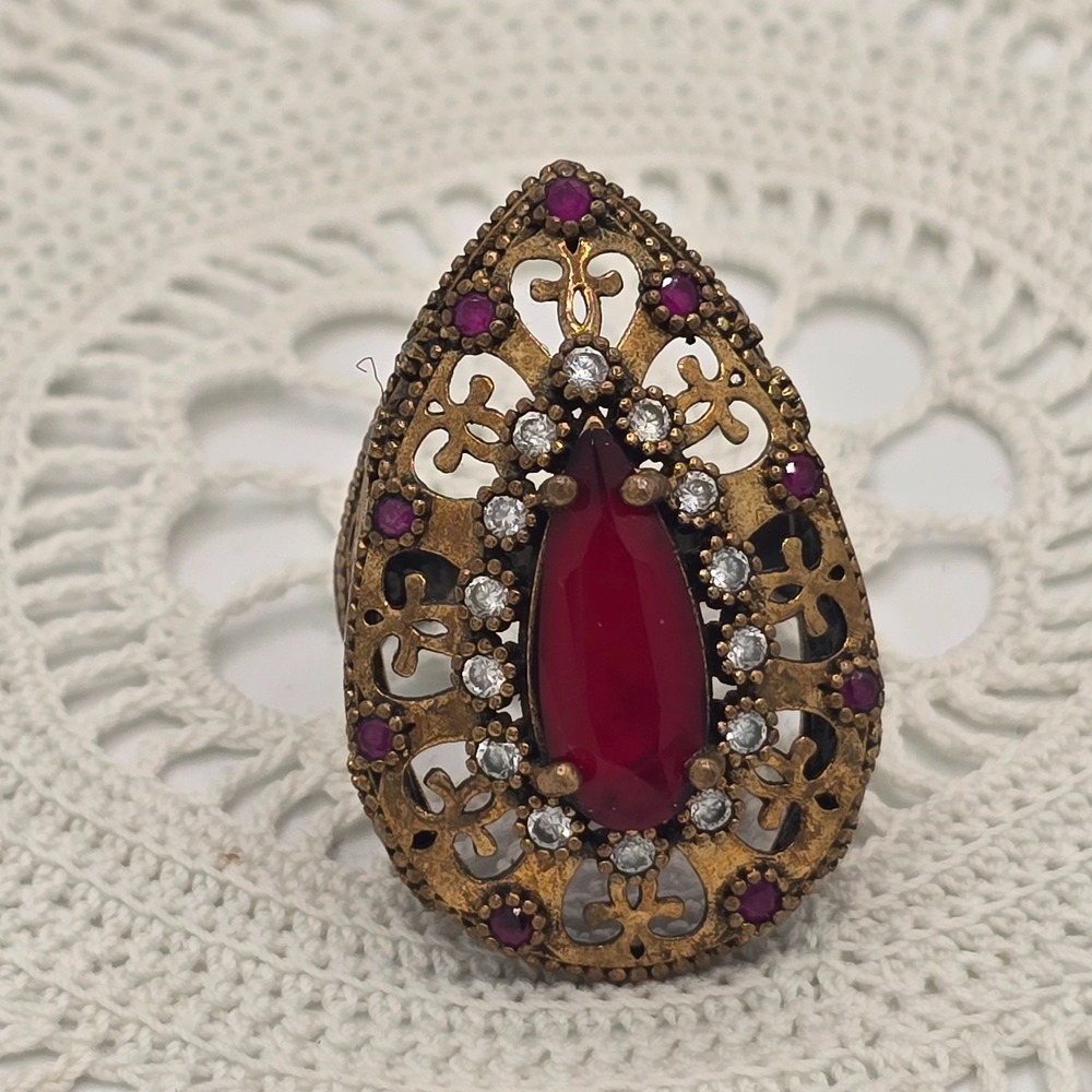 Vintage Estate Ring Size 8.5 Red clear rhinestones 925 Silver Brass Large